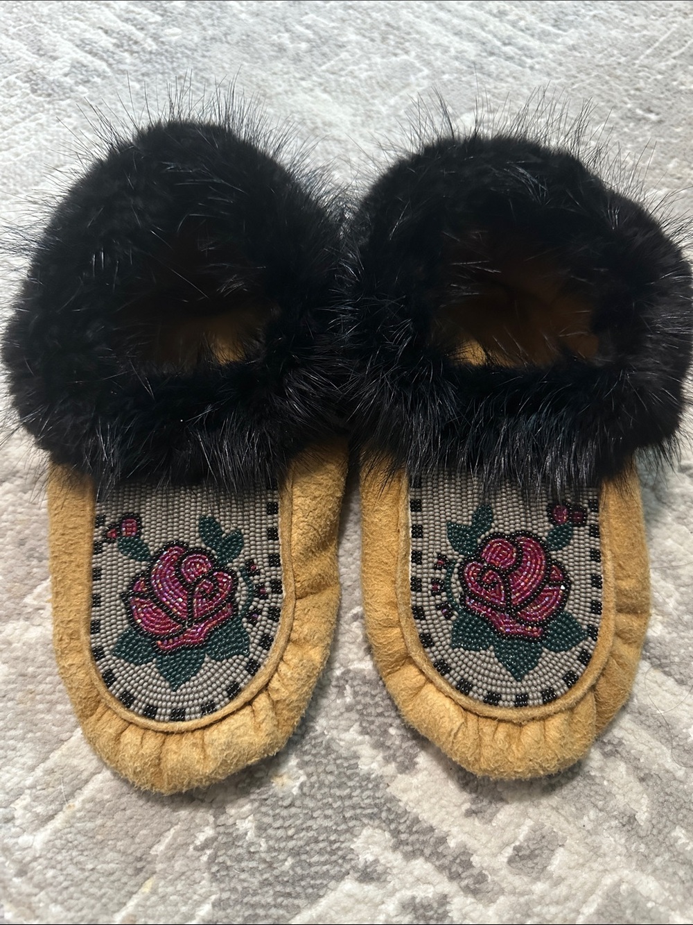 Black Fur-Trim Beaded Rose Moccasin Slippers - Women